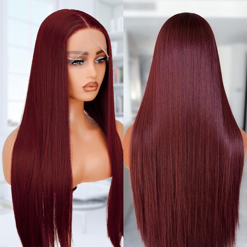 Pre Plucked 99J Red Colored Straight Transparent Lace Front Human Hair Wigs Natural Hairline