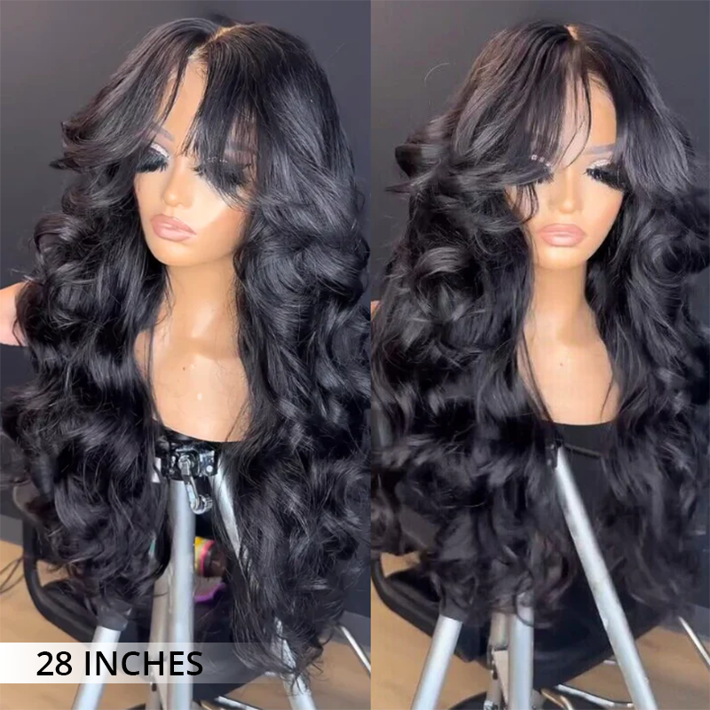 Zlike Loose Wave With Curtain Bangs 100% Glueless Human Hair Wigs Pre Cut Lace Front Wigs