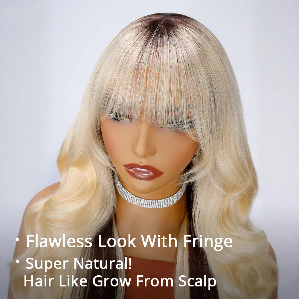 Zlike  Peekaboo Blonde With Brown Underneath Body Wave 13x4 Lace Frontal Wigs With Bangs 100% Human Hair Wigs