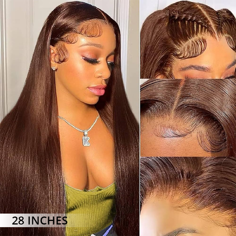 Zlike 200% Density #4 Chocolate Brown Straight Body Wave 13x4 Lace Front Wigs Pre Plucked Human Hair Wigs