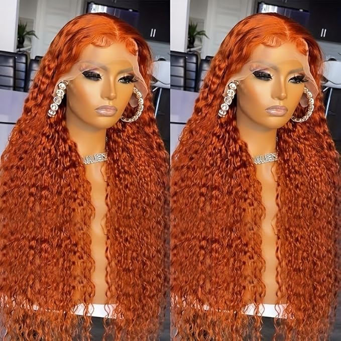 [ ZLIKE Amazon Clearance ] #350 Orange Colored Water Wave Human Hair Wigs Pre Plucked Transparent Lace Front Wig