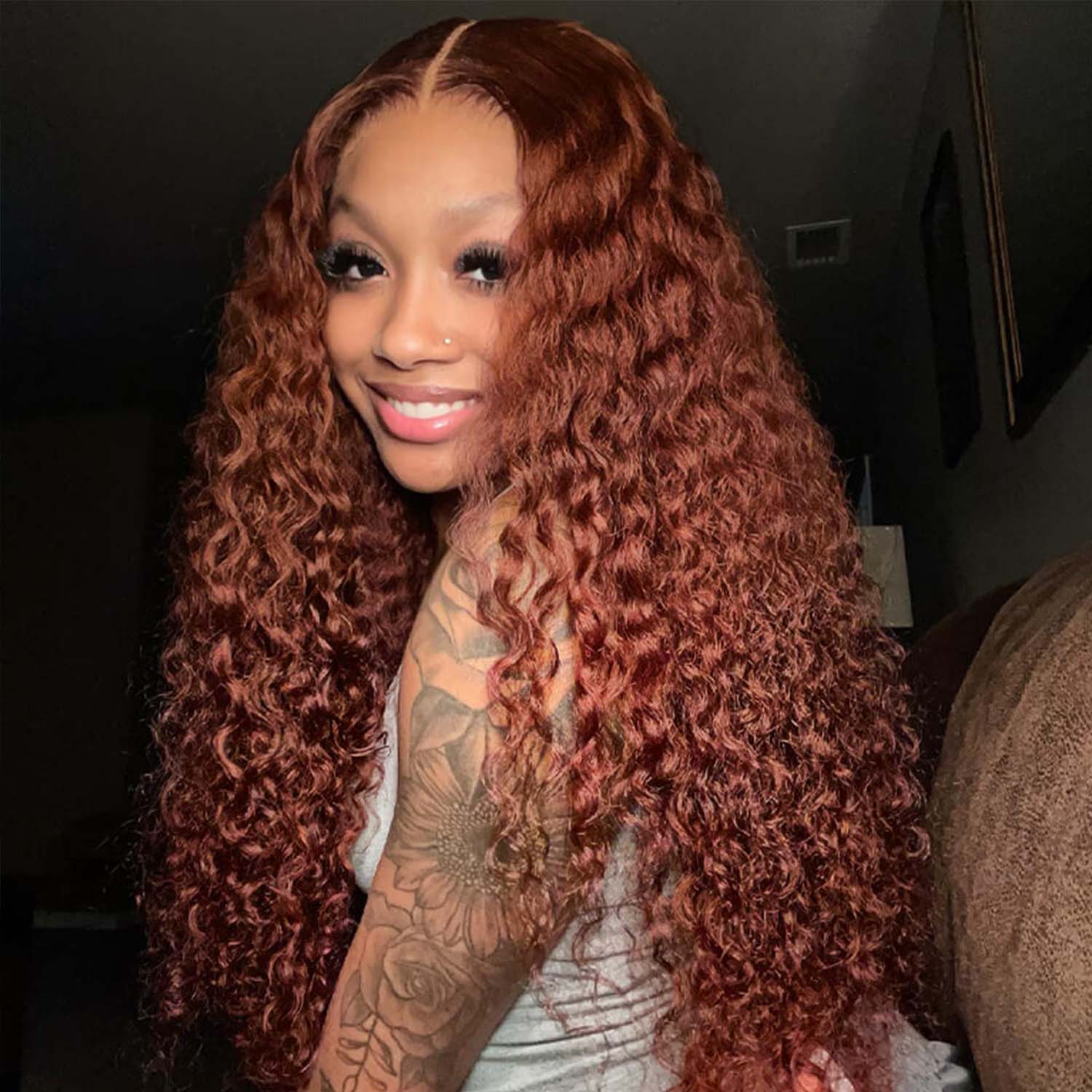 Water Wave Lace Front Human Wigs Brunette Auburn Copper