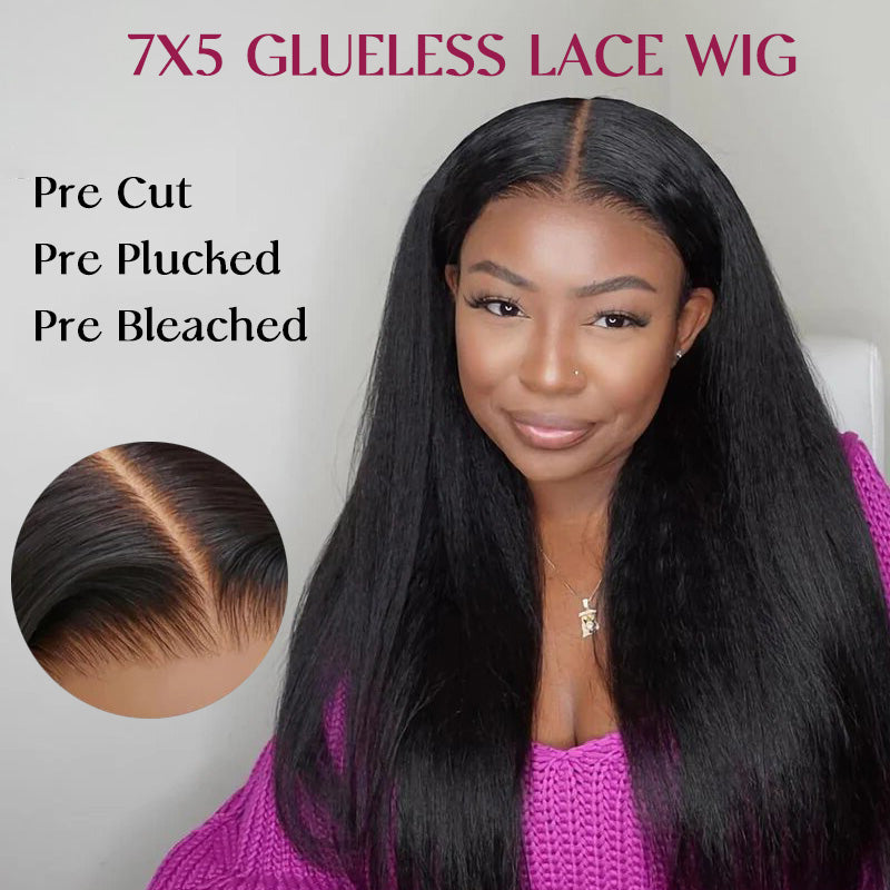 Glueless Lace Closure Wigs Yaki Straight Pre Cut Wear Go Human Hair Wigs With Baby Hair