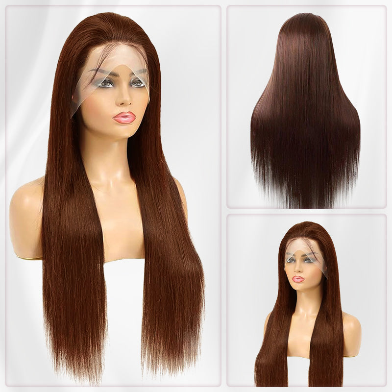 #4 Chocolate Brown Pre Plucked Silky Straight Transparent Lace Front Human Hair Wigs With Baby Hair