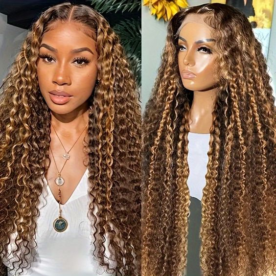 Pre Plucked Honey Blonde Highlights P4/27 Colored Kinky Curly Transparent Lace Human Hair Wigs