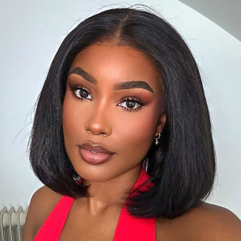 300% Density Bob Lace Wig Pre Cut Straight Human Hair Lace Closure Wigs Bleach Knots