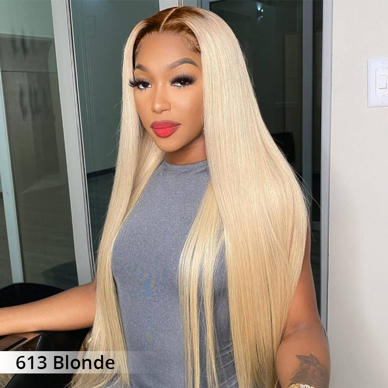 Zlike 13x4 Lace Straight Body Wave Blonde Ombre Wigs with Dark Roots Drawstring Glueless Wigs Pre-Cut Transparent Lace 100% Human Hair
