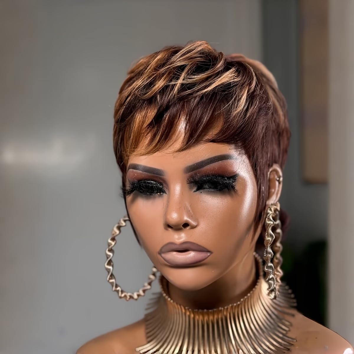 Zlike Brown & 33 Shaggy Mullet Pixie Cut Wig with Bangs Brazilian Virgin Human Hair Glueless Machine-Made Ready-to-Wear Wig