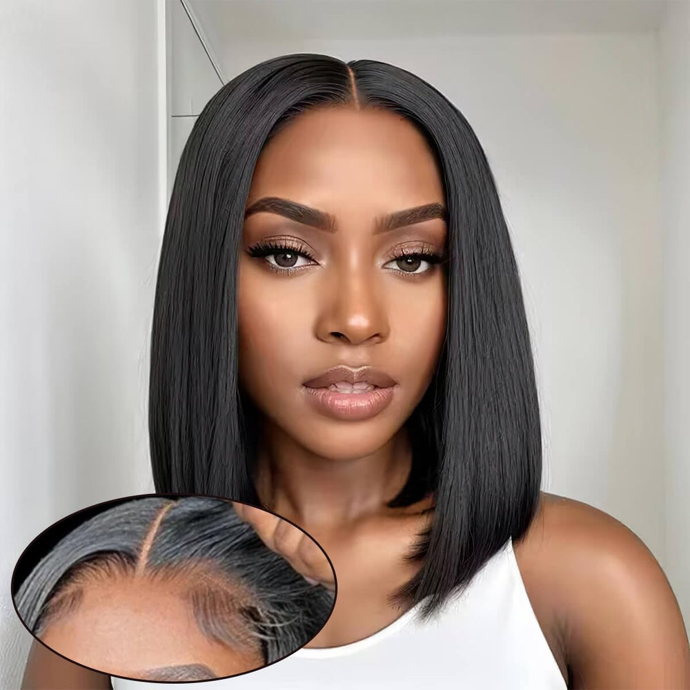 Short Straight Bob Glueless Lace Closure Transparent Lace Bob Wig 180%