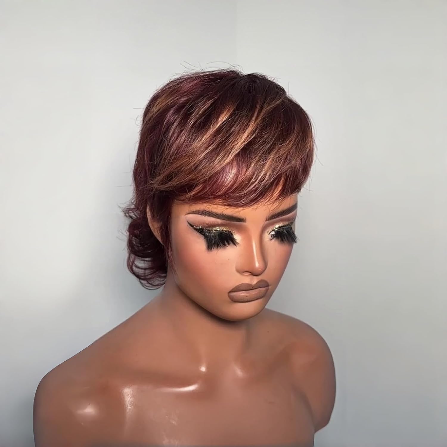 Zlike Brown & 33 Shaggy Mullet Pixie Cut Wig with Bangs Brazilian Virgin Human Hair Glueless Machine-Made Ready-to-Wear Wig