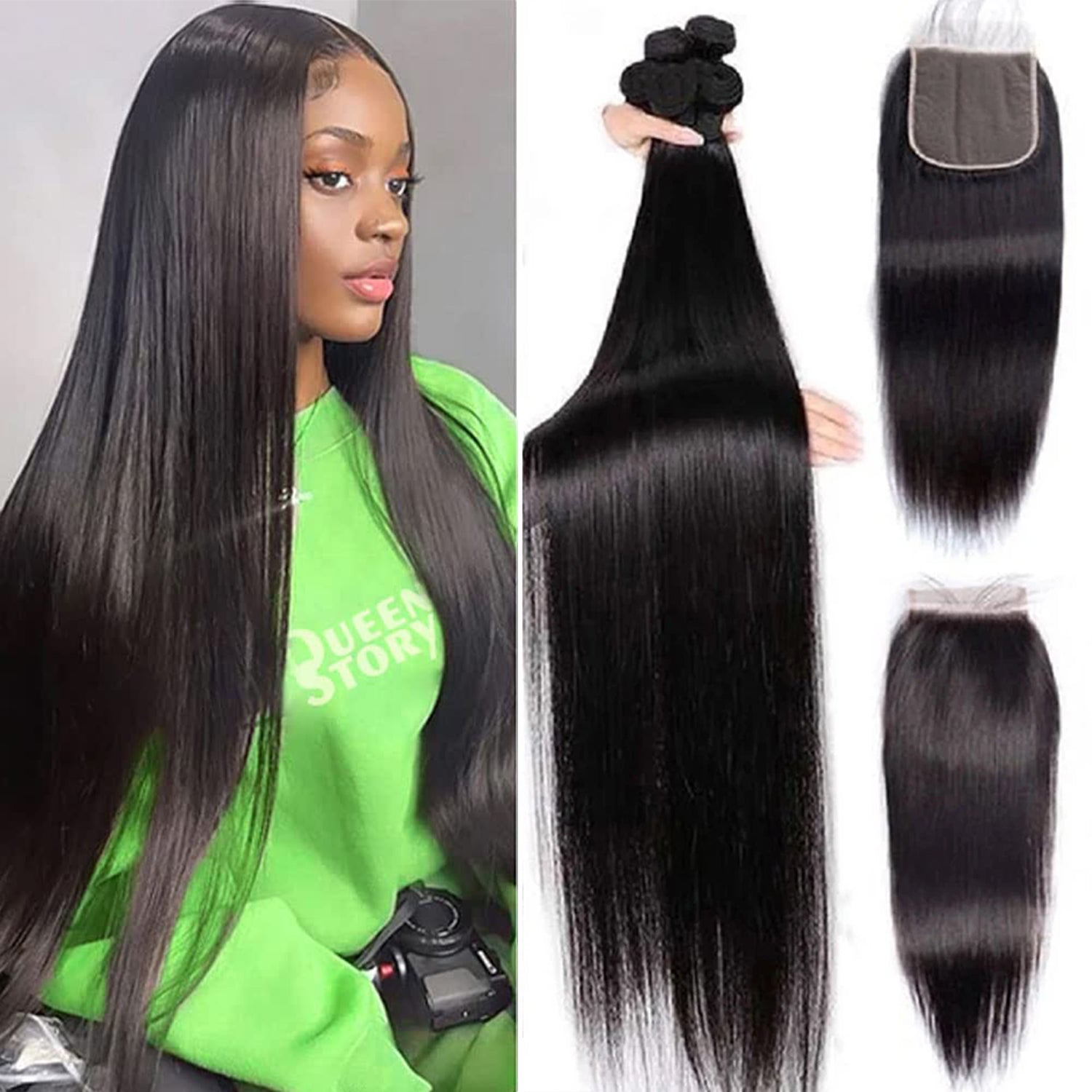 Straight 4 Bundles 4x4 Lace Closure 100% Unprocessed Human