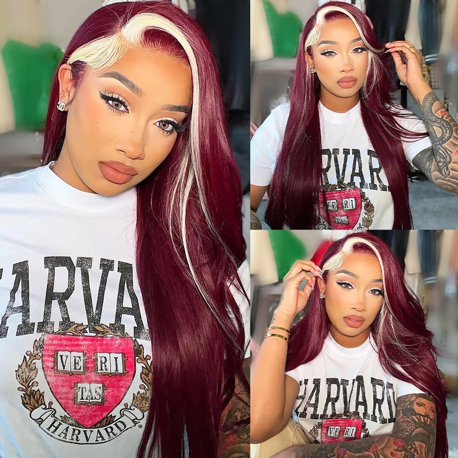 Burgundy 613 Blonde Skunk Stripe Body Wave 13x4 Lace Front Wigs For Women-Zlike