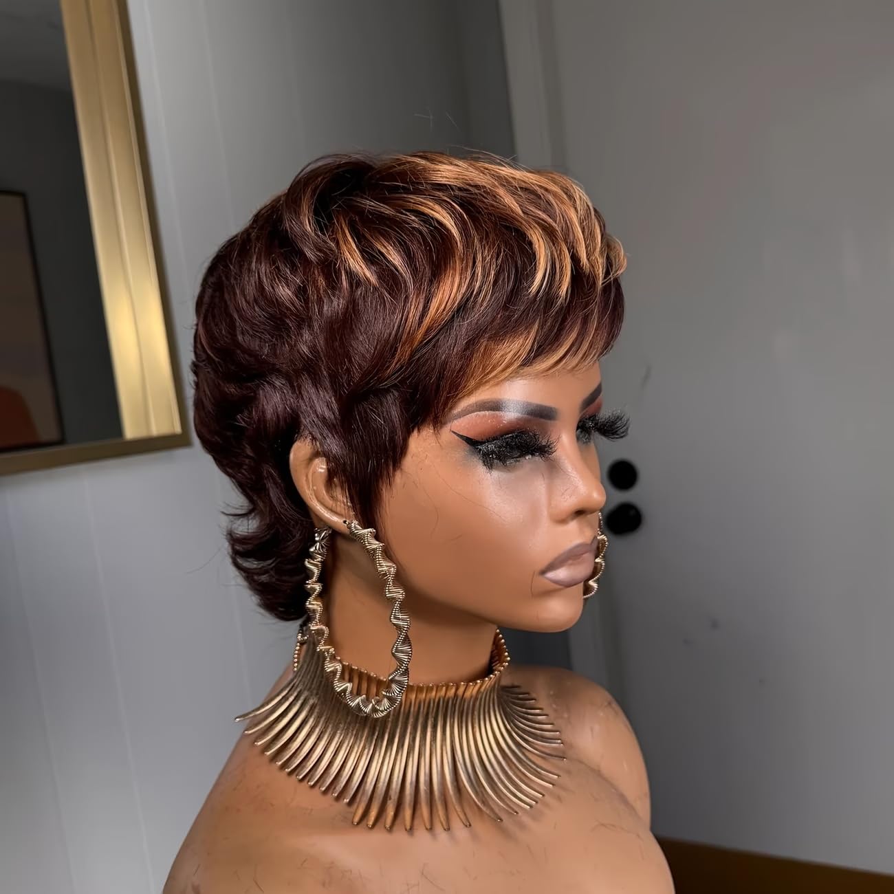 Zlike Brown & 33 Shaggy Mullet Pixie Cut Wig with Bangs Brazilian Virgin Human Hair Glueless Machine-Made Ready-to-Wear Wig