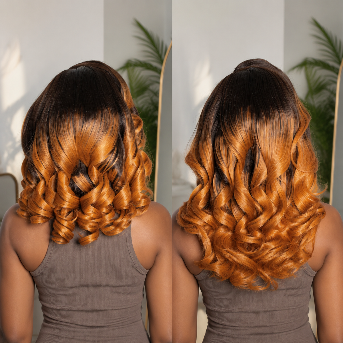 Zlike Brown Root Orange Ombre Glueless Short Bob Wig Pre-Styled Layered Waves Human Hair Wig