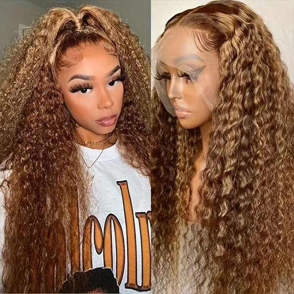 Ombre Highlight Piano Color 13x4 Lace Wig Water Wave Brown Golden Human Hair Wig | Flash Sale