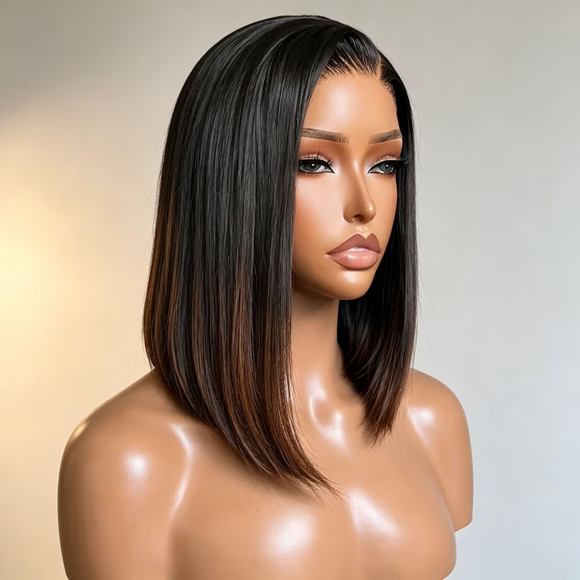 Zlike Elegant Asymmetric Short Straight Ombre Brown Colored Glueless Human Hair Bob Wigs