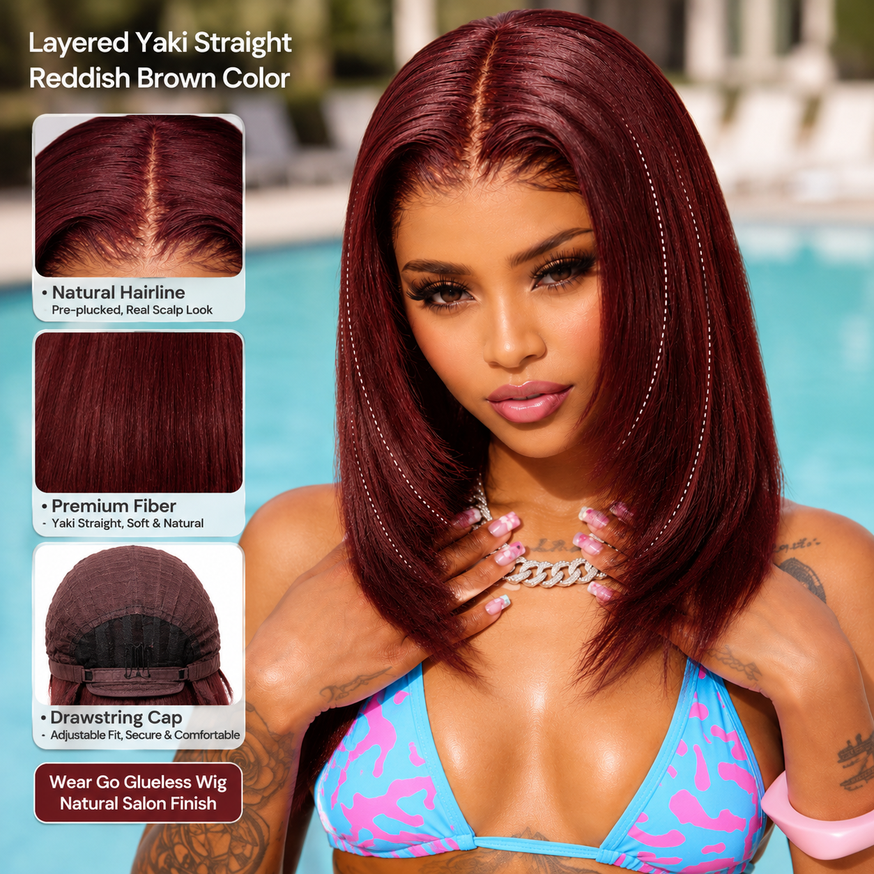 Zlike Layered Yaki Straight Reddish Brown Glueless Wear Go Drawstring Wig Natural Salon Finish