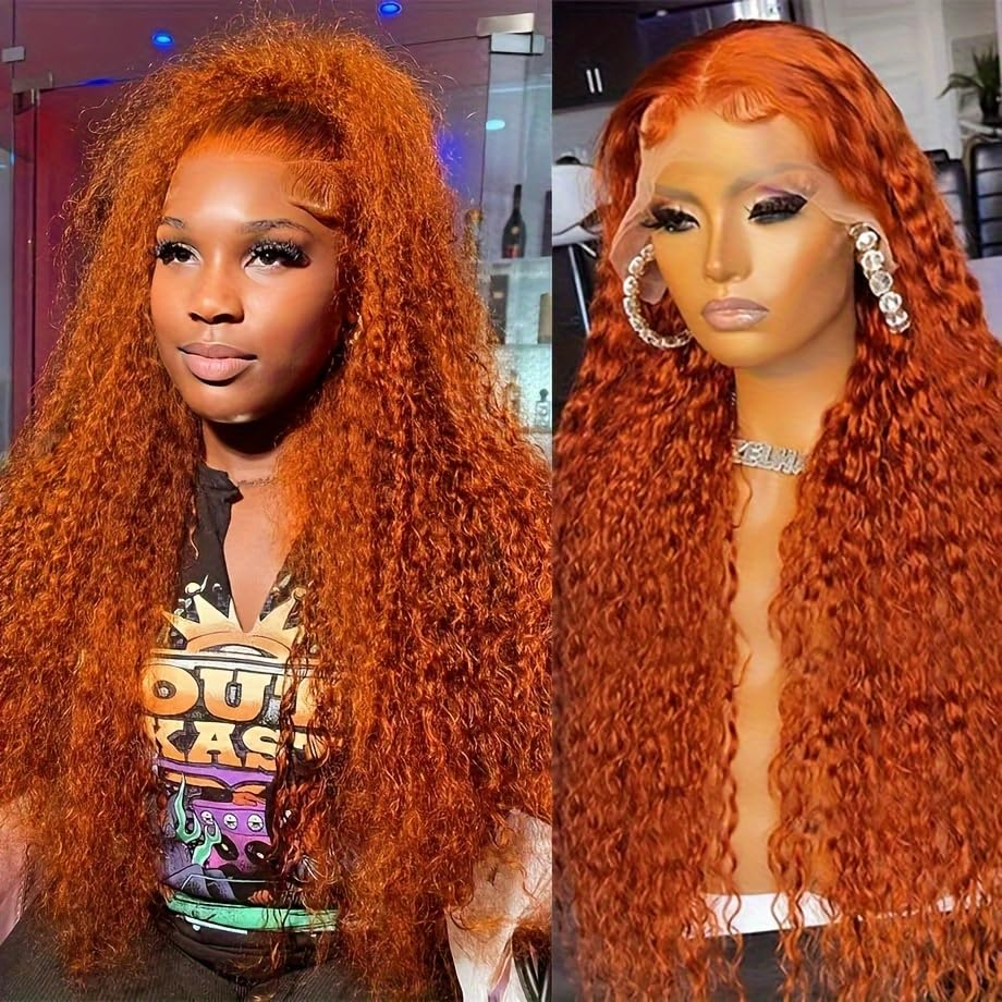 [ ZLIKE Amazon Clearance ] #350 Orange Colored Water Wave Human Hair Wigs Pre Plucked Transparent Lace Front Wig