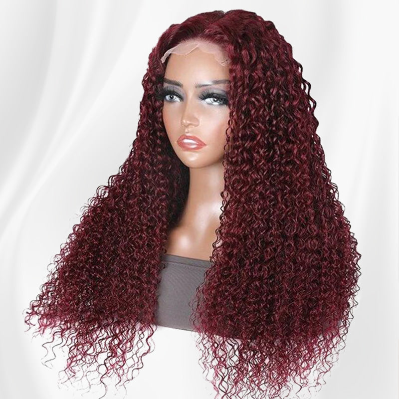 99J Burgundy Colored Kinky Curly Transparent Lace Front Human Hair Wigs Natural Hairline