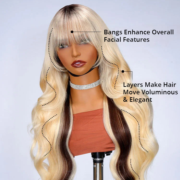 Zlike  Peekaboo Blonde With Brown Underneath Body Wave 13x4 Lace Frontal Wigs With Bangs 100% Human Hair Wigs