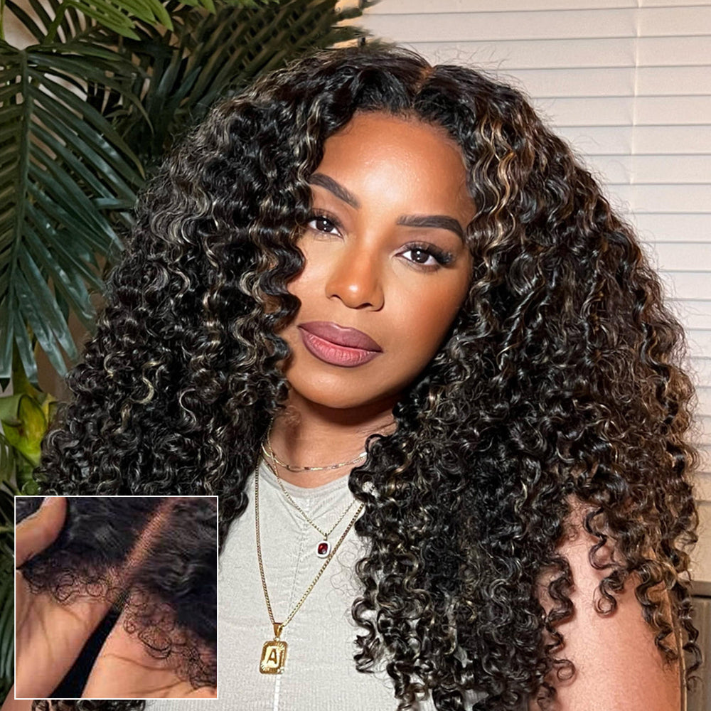 Zlike 4C Edge Curly Wigs Highlight Blonde Pre Cut Lace Front Human Hair Wigs 250% Density Pull To Wear Wigs