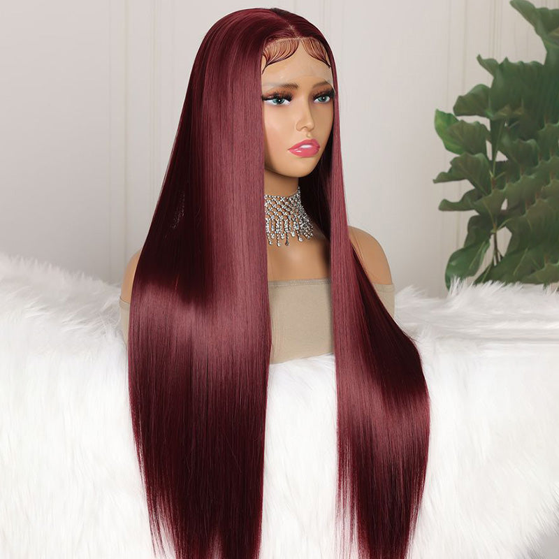 Pre Plucked 99J Red Colored Straight Transparent Lace Front Human Hair Wigs Natural Hairline