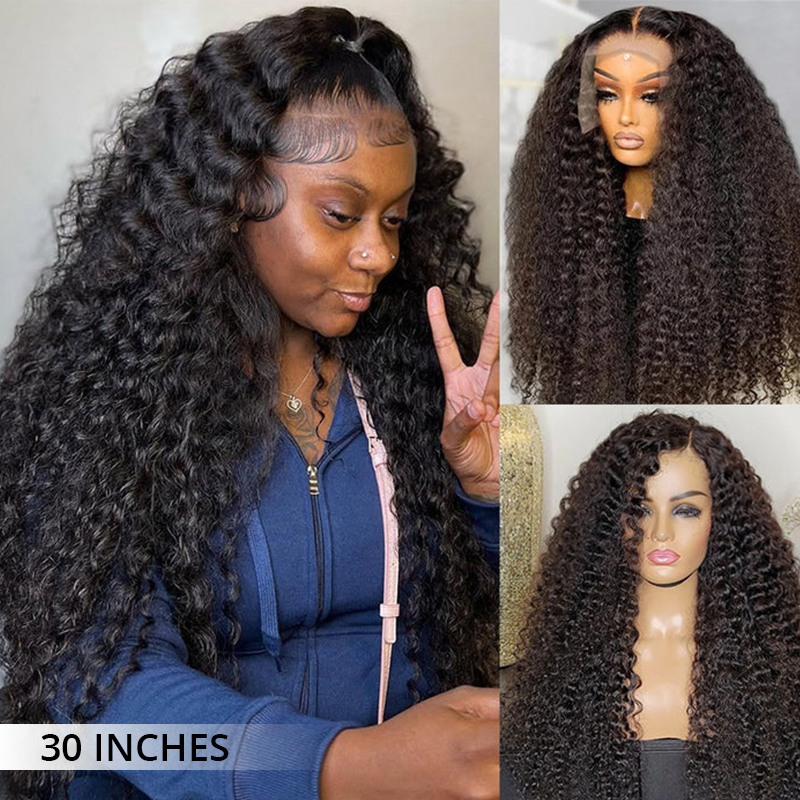 300% Density Deep Curly Transparent Lace Front Wigs Thick Fluffy Virgin Human Hair Wigs