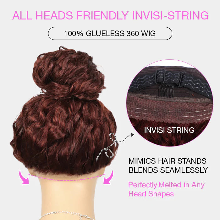 #33 Reddish Brown Glueless Invisi-Band Human Hair Wigs Body Wave Pre Cut 360 Lace Frontal Wig