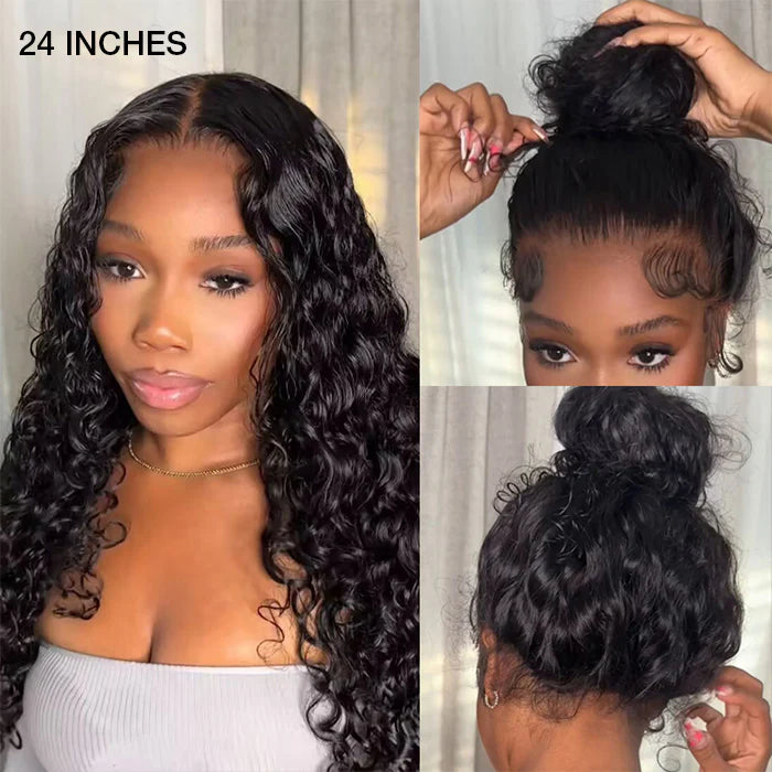 24"=138 Human Hair 360 Lace Frontal Wigs Invisi-Band Glueless Water Wave Pre Cut Lace Wig