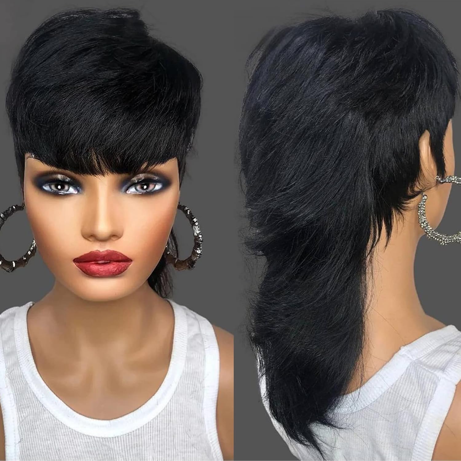 Zlike Elf Ear Mullet Pixie Cut Straight Human Hair Wig Catfish-Inspired Short Wig for Women Natural Black