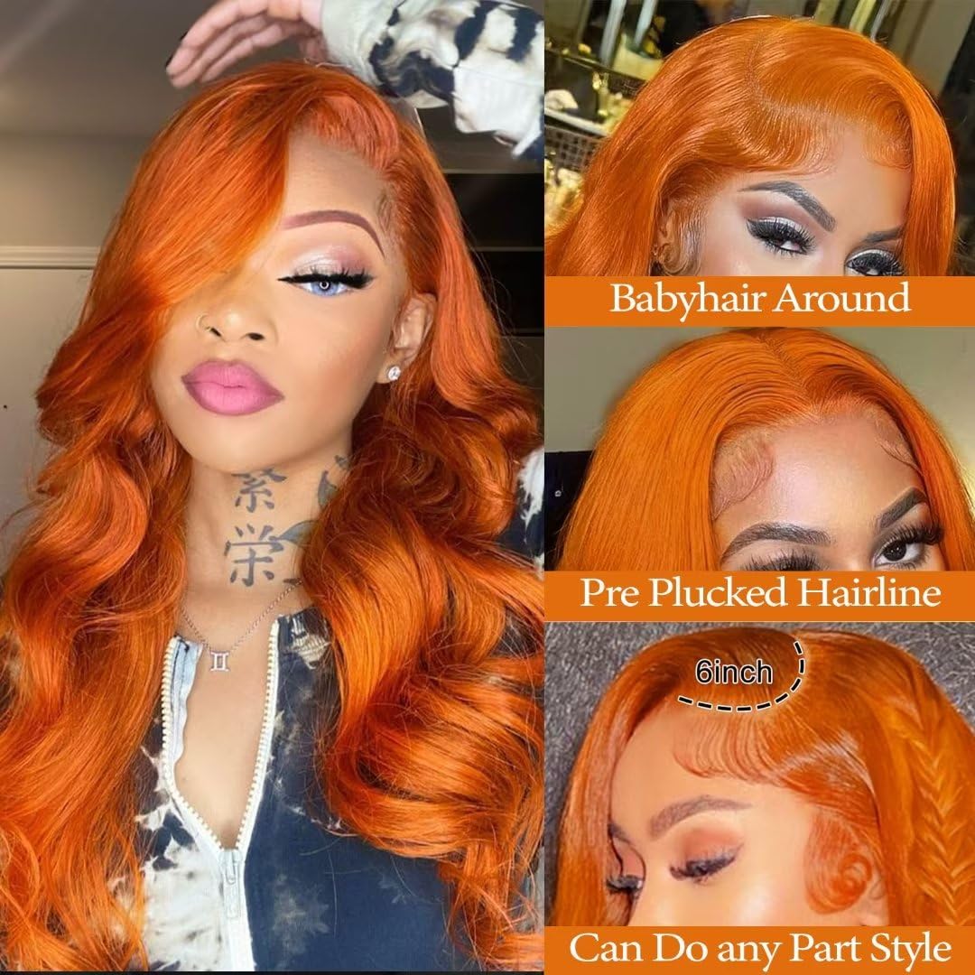 Ginger Orange Colored Body Wave Wig 13x4 Lace Front 180% Density Human Hair Wigs For Women