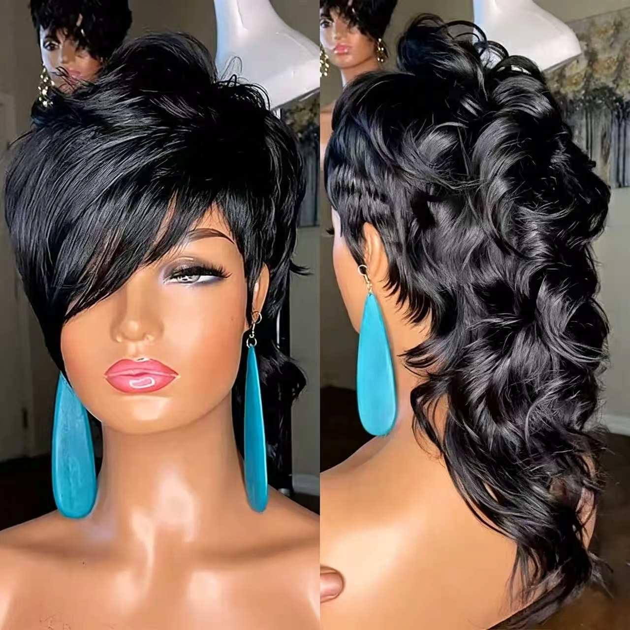 Zlike 80s 90s Mullet Pixie Cut Human Hair Wig For Black Women Curly Short Glueless Full Machine-Made Wig