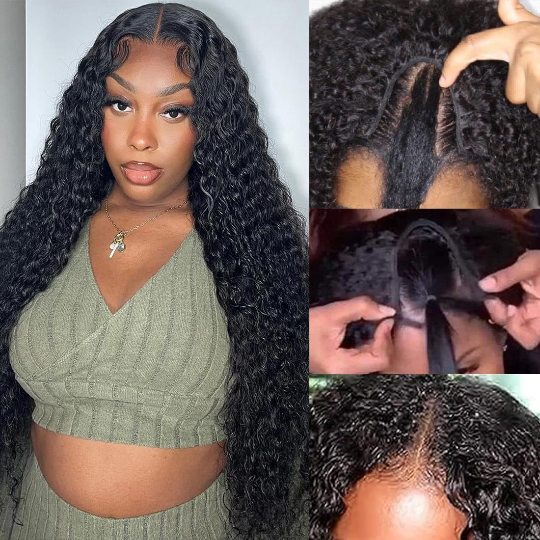 $129 = 2 Wigs | U Part Glueless Wear & Go Deep Wave Natural Color Wig + Glueless Wear & Go Jerry Curly Bob Highlight Wig With Bangs