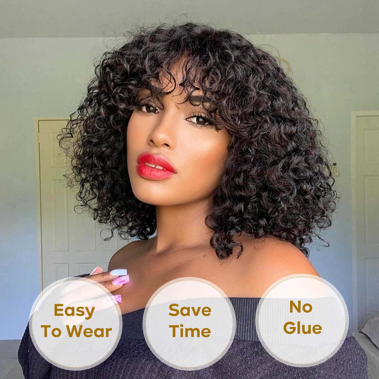 Bouncy Curly Glueless Wear Go Bob Wigs With Bangs 100% Human Hair Wigs