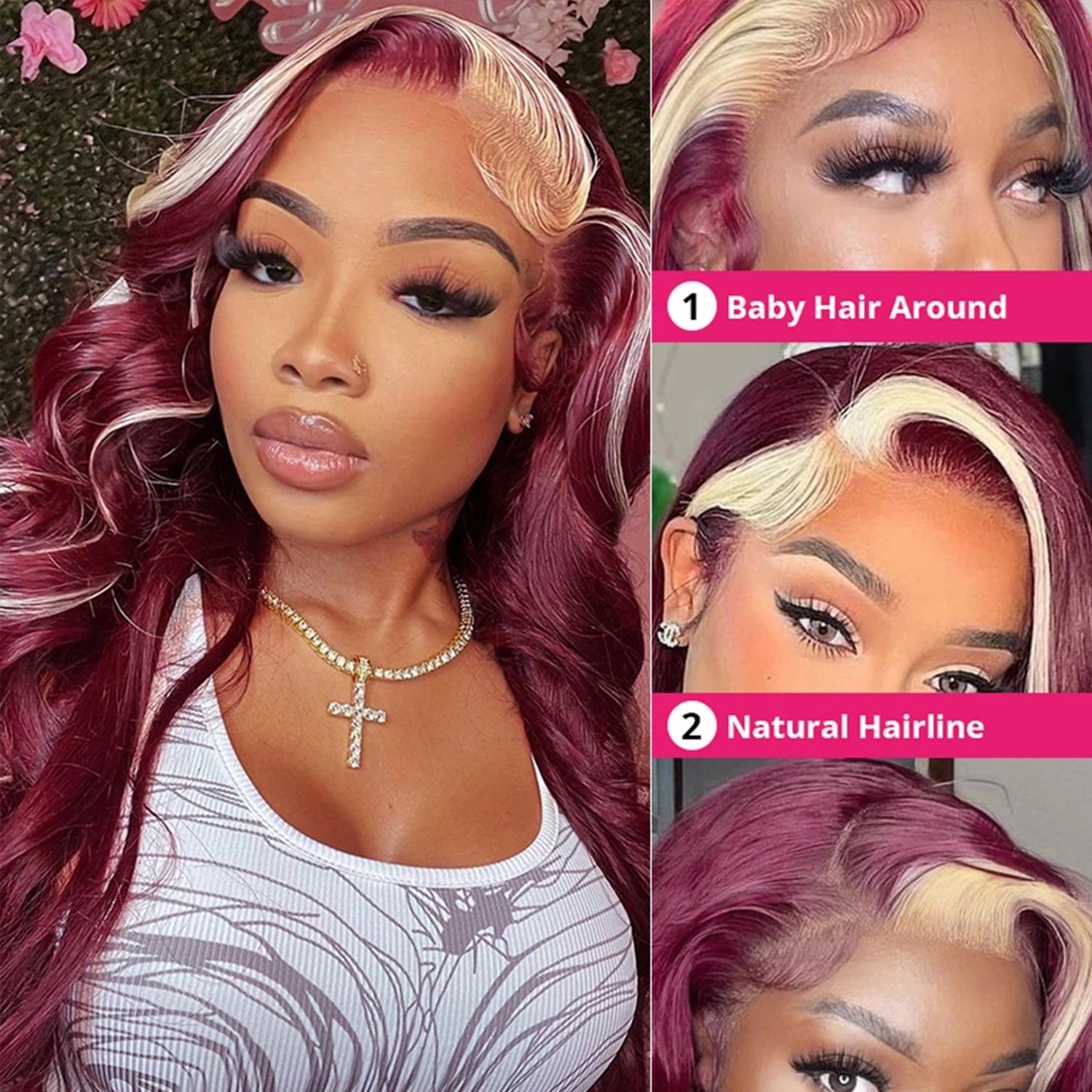 Burgundy 613 Blonde Skunk Stripe Body Wave 13x4 Lace Front Wigs For Women-Zlike