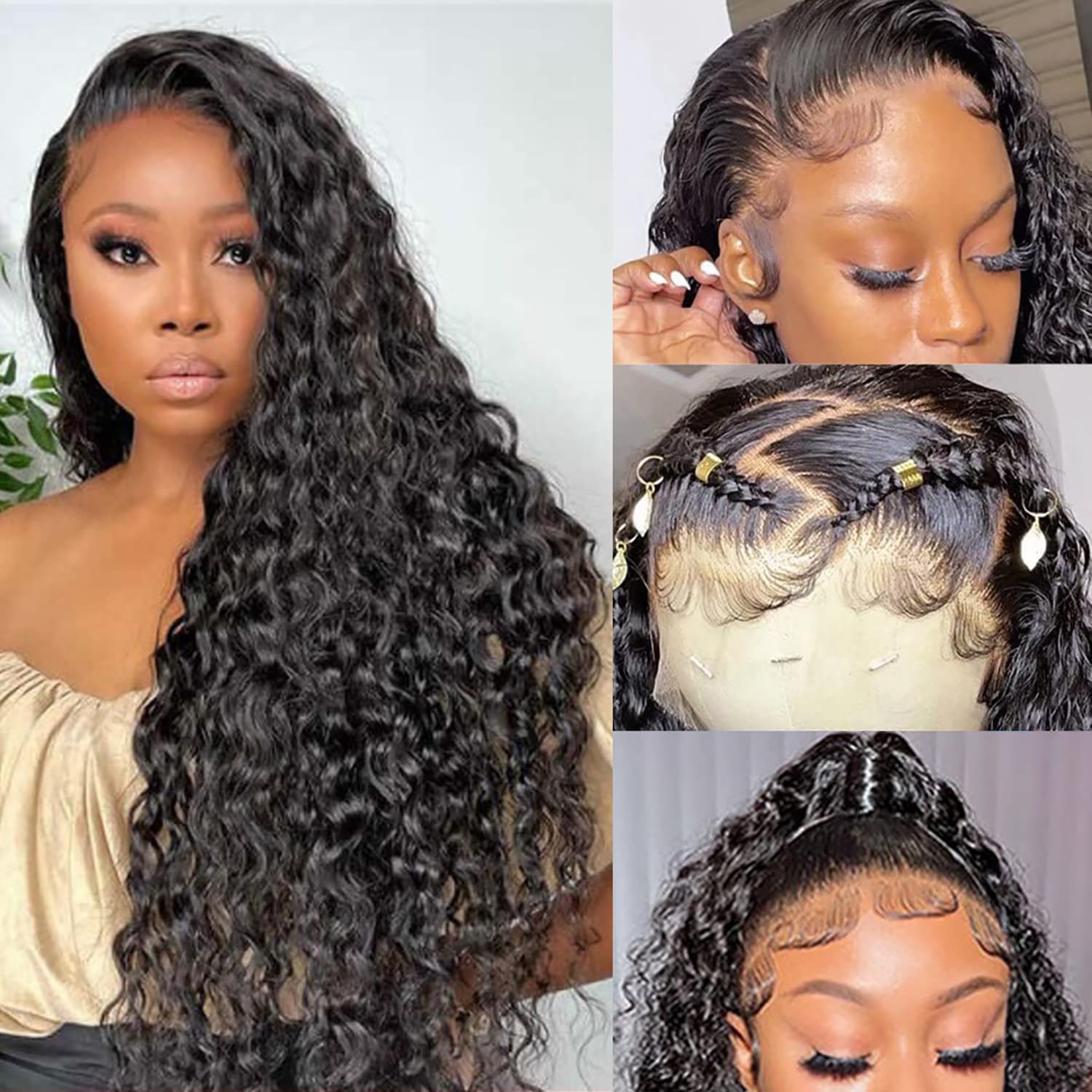 30"=$198 Pre Bleached Water Wave Transparent Lace Front Wig High Density Human Hair Wigs