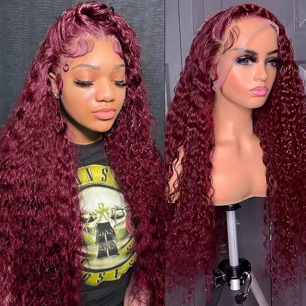 99J Burgundy Colored Deep Wave Wig 13X4 180% Density Lace Front Wigs 100% Human Hair