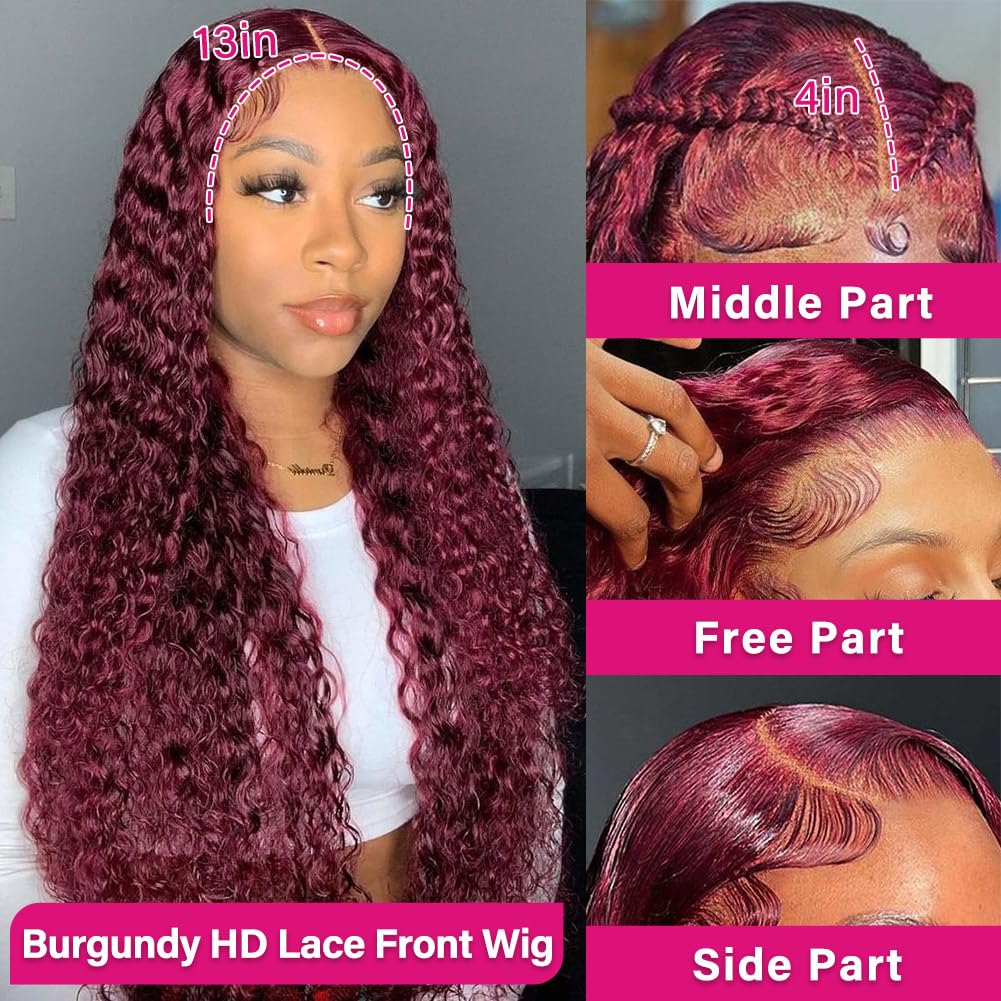 99J Burgundy High Density Deep Wave Wig Lace Front 100% Human Hair Wigs-Zlike