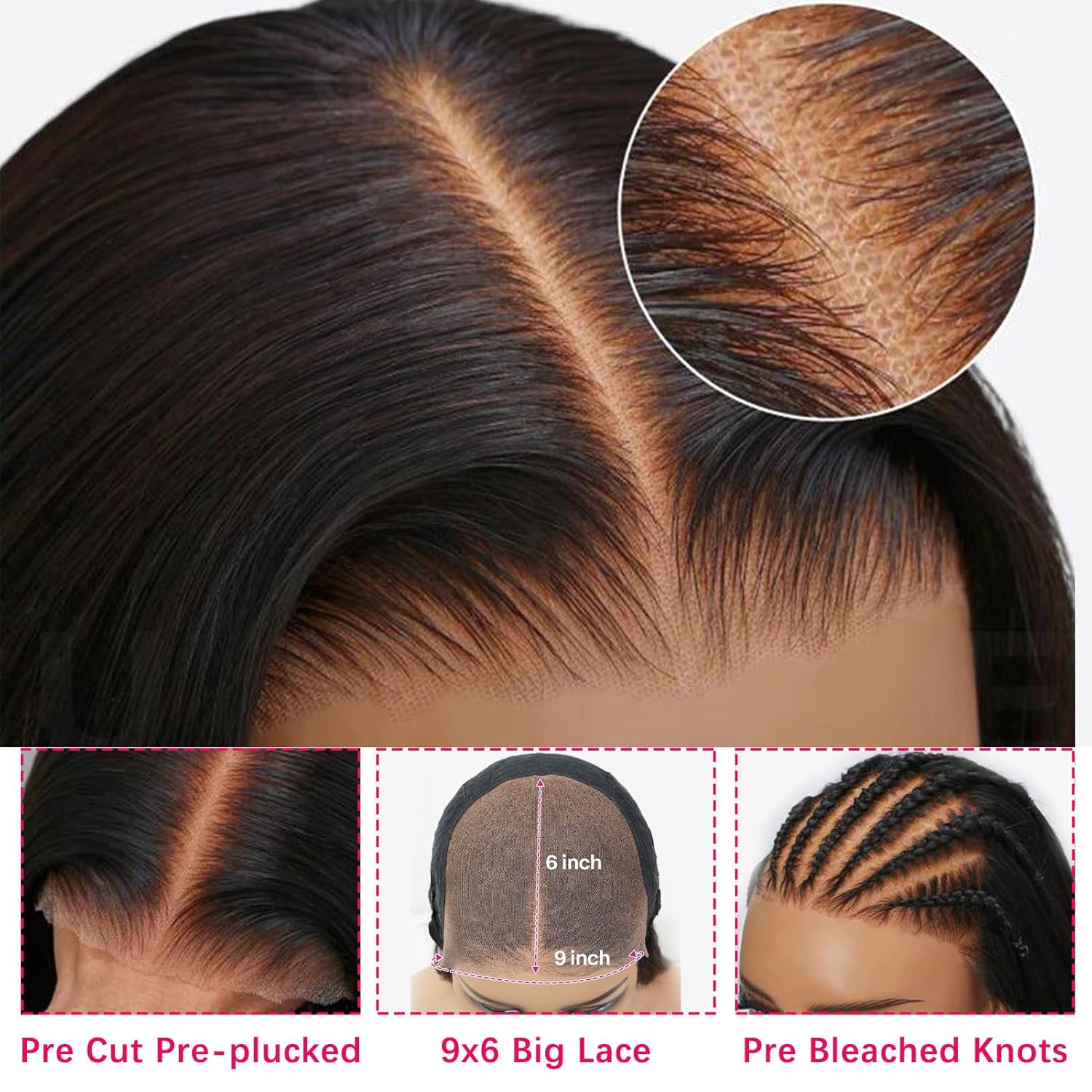 Straight 9x6 Glueless Human Hair Lace Closure Wigs Bleached Knots Pre-Plucked Natural Hairline