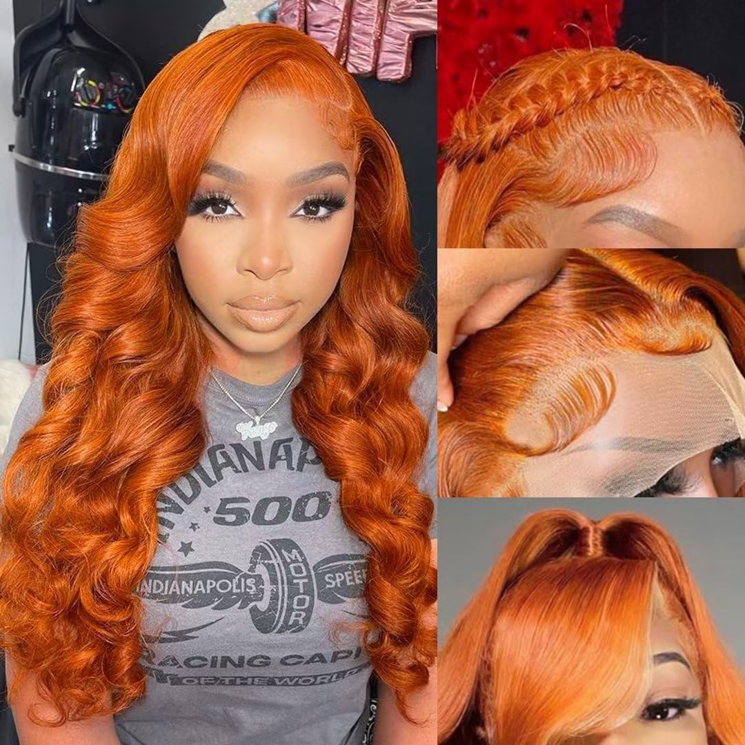 Ginger Orange Colored Body Wave Wig 13x4 Lace Front 180% Density Human Hair Wigs For Women