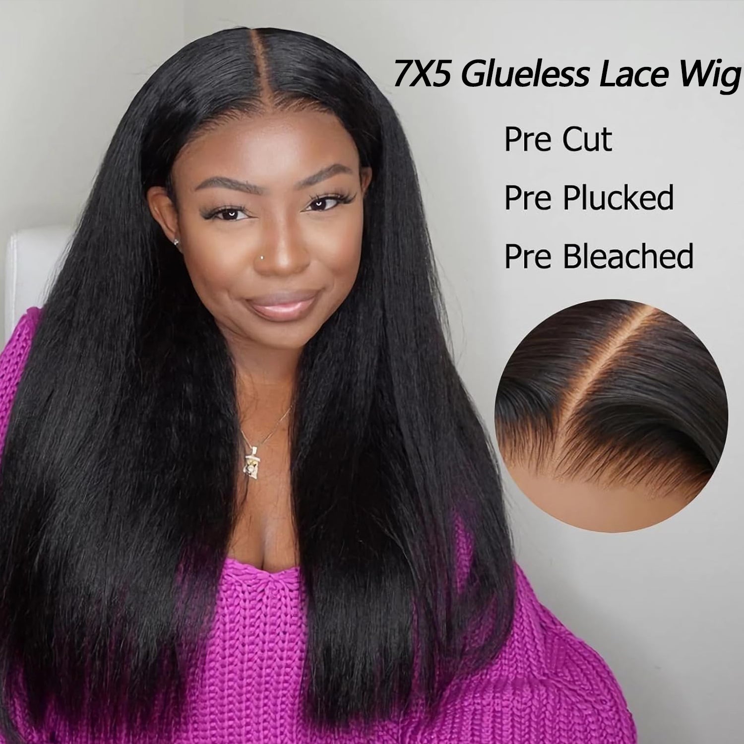 Glueless Lace Closure Wigs Yaki Straight Pre Cut Wear Go Human Hair Wigs With Baby Hair