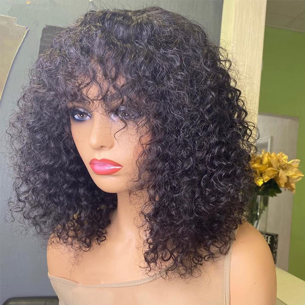 Bouncy Curly Glueless Wear Go Bob Wigs With Bangs 100% Human Hair Wigs