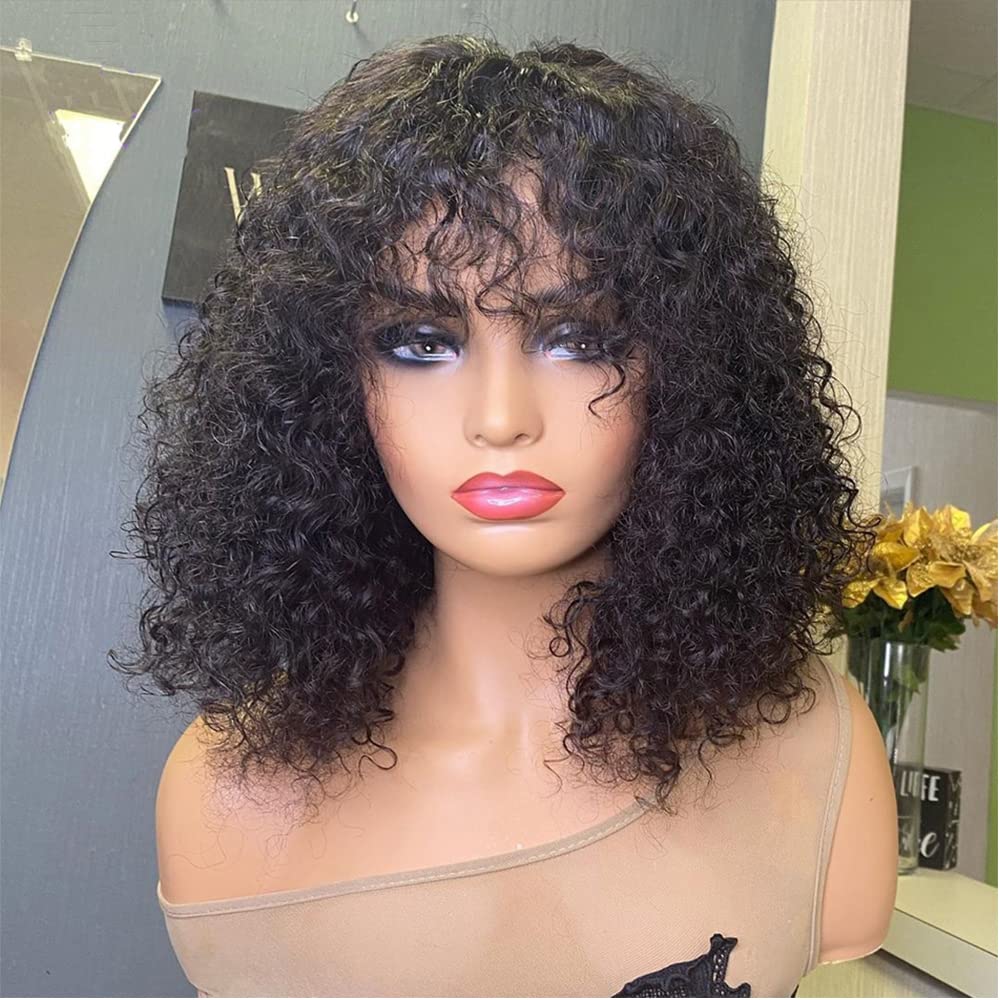 Bouncy Curly Glueless Wear Go Bob Wigs With Bangs 100% Human Hair Wigs