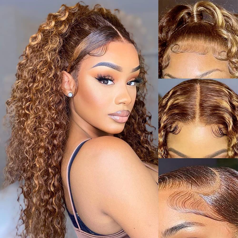 Honey Blonde Highlights #4/27 Colored Curly HD Lace 100% Virgin Human Hair Wigs