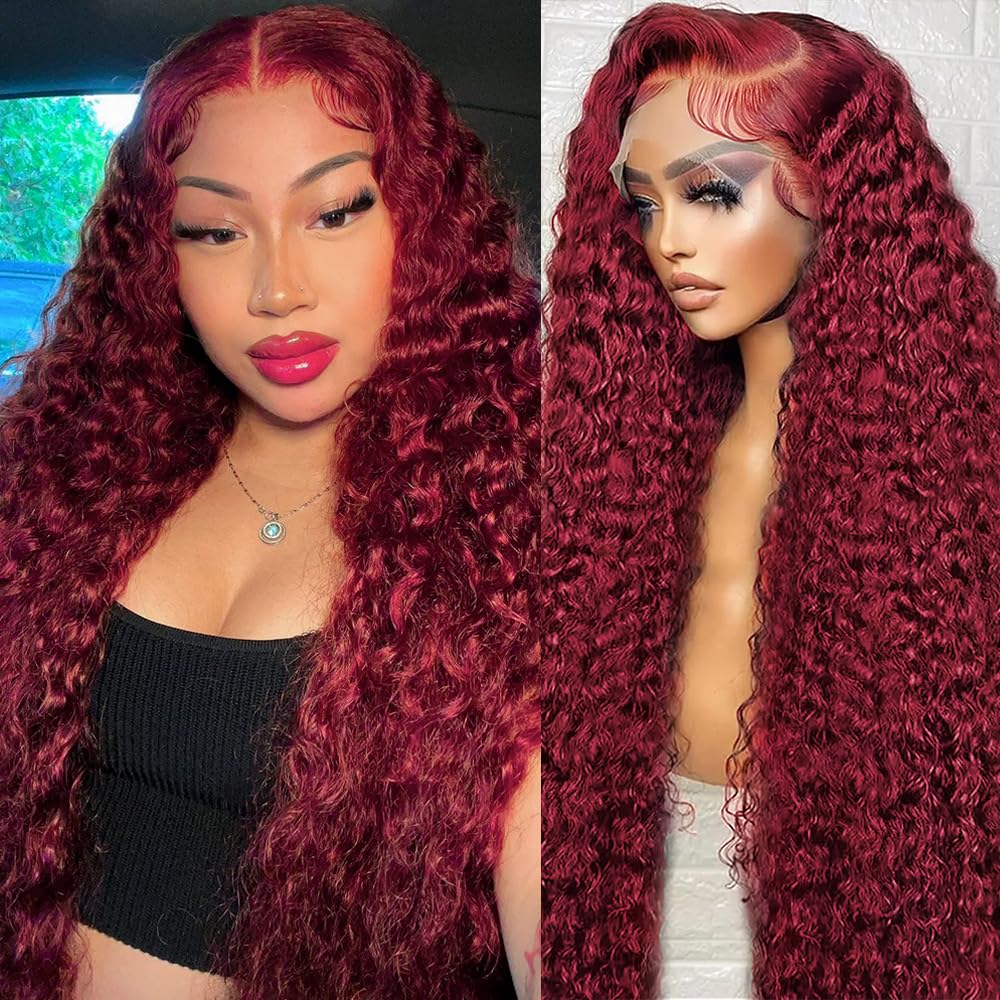 99J Burgundy Colored Deep Wave Wig 13X4 180% Density Lace Front Wigs 100% Human Hair