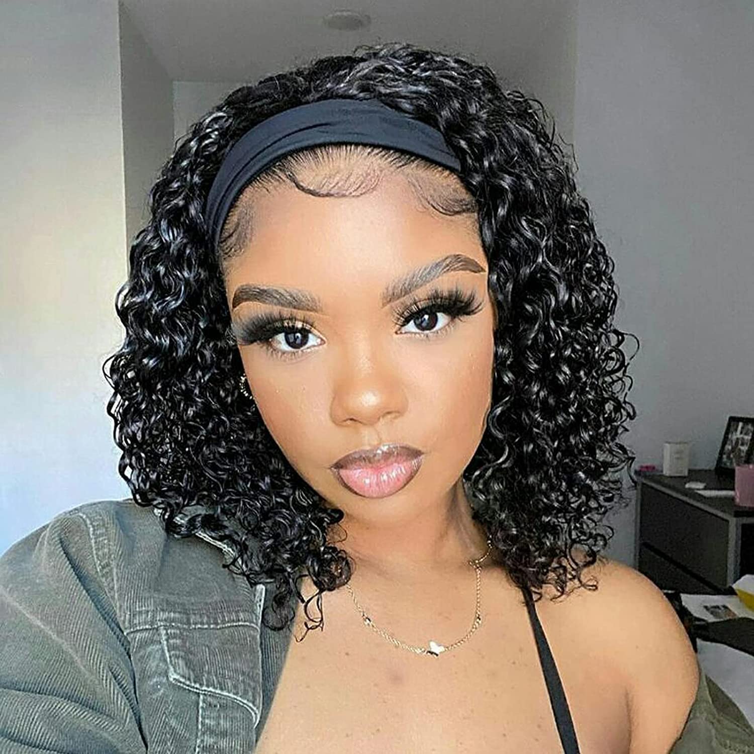 Zlike No Lace Glueless Short Bob Water Wave Wig Natural Black Headband 100% Human Hair Wigs