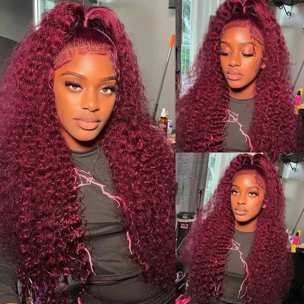 99J Burgundy Colored Deep Wave Wig 13X4 180% Density Lace Front Wigs 100% Human Hair