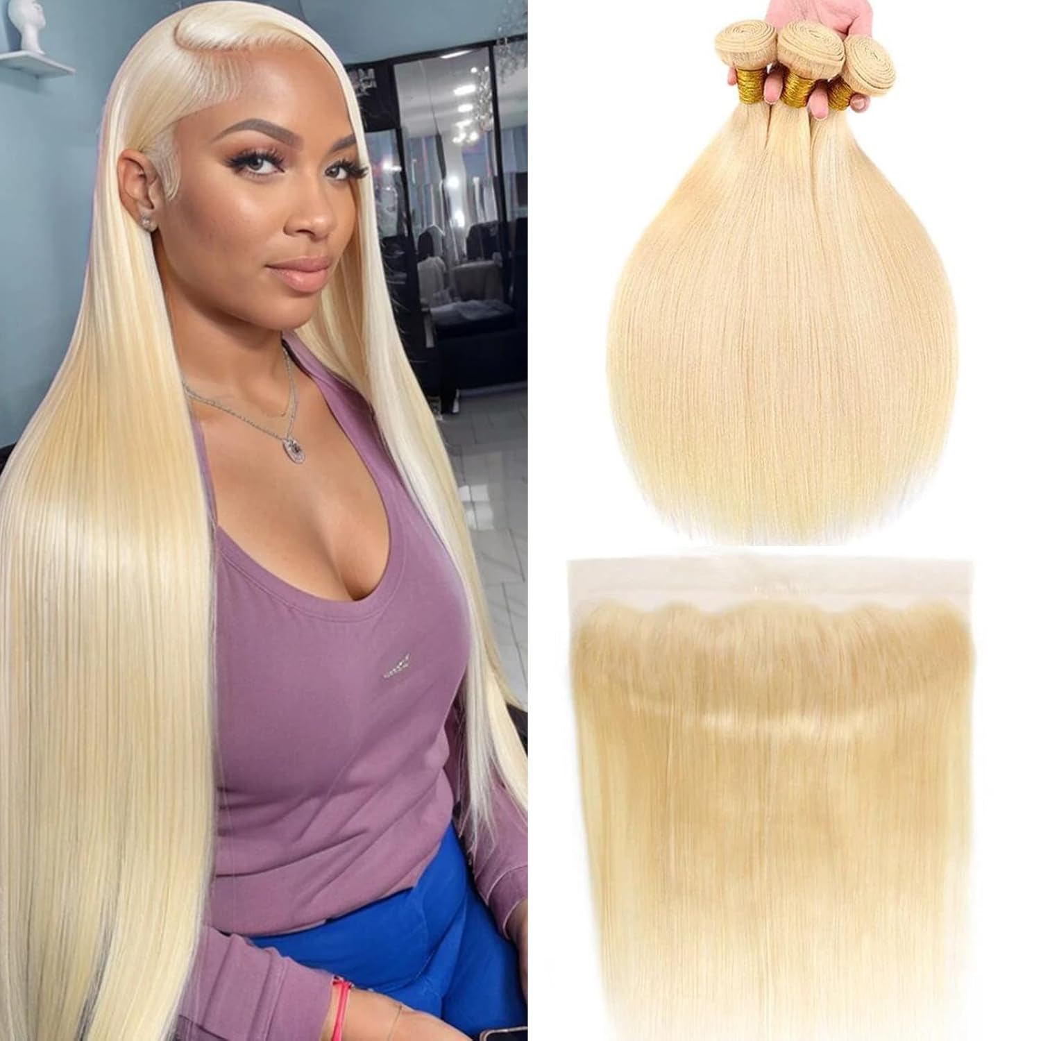 613# Blonde with Free Part Remy Human Hair Silky Straight 3Bundles with 13x4 Lace Frontal-Zlike