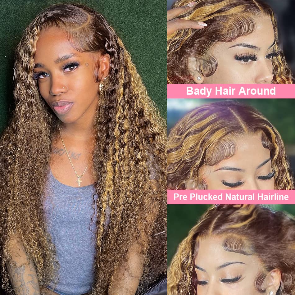 Ombre Highlight Piano Color 13x4 Lace Wig Water Wave Brown Golden Human Hair Wig | Flash Sale