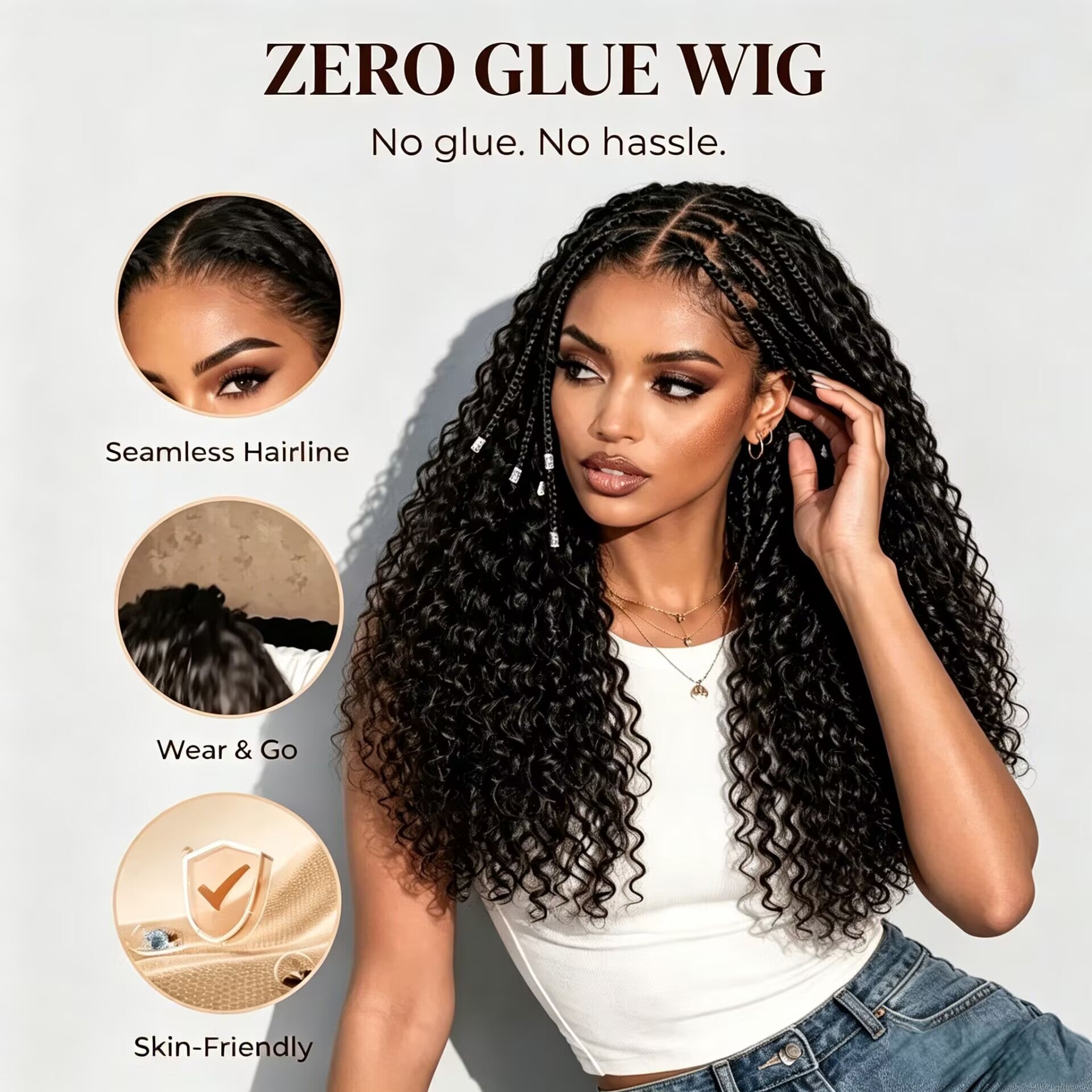 Zlike Knotless Box Braids 13x6 Lace Frontal Boho Deep Curly Glueless Wig With Drawstring Natural Black 100% Human Hair
